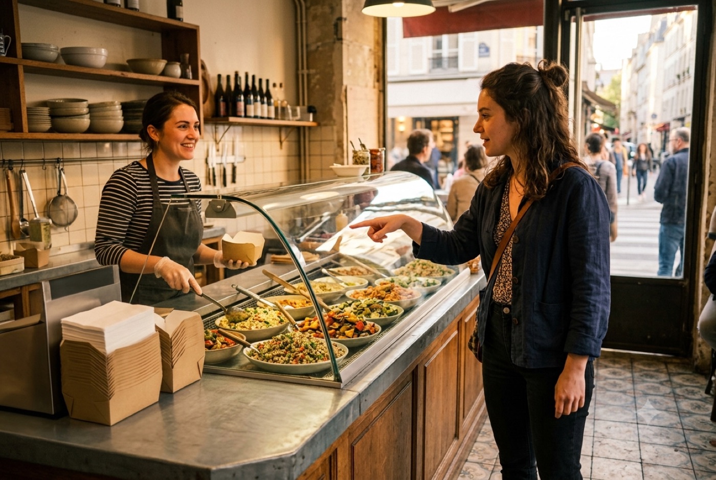 A customer ordering in French at a Paris deli counter